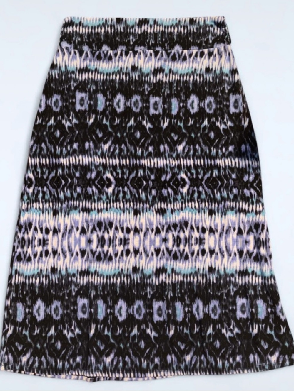 Faded Glory Black Knit Midi Skirt with Lavender & Light Blue Pattern